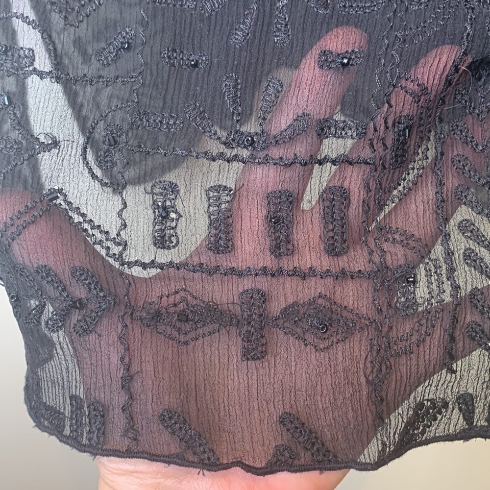 Chico’s | Black Silk Beaded Sheer Bell Sleeve Textured Embroidered Tunic Top 2 M - Picture 16 of 17